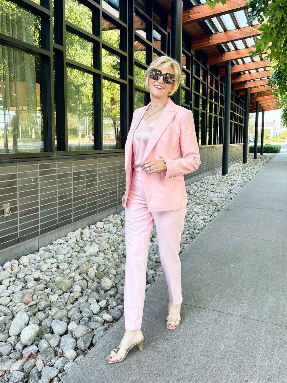 Pale pink linen suit with satin camisole Pale pink linen suit with satin camisole — Pink Outfits