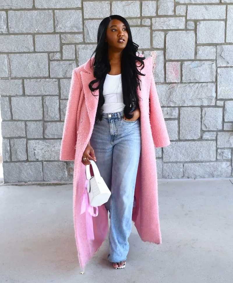 Long pink textured coat over white tank and blue jeans Long pink textured coat over white tank and blue jeans — Pink Outfits
