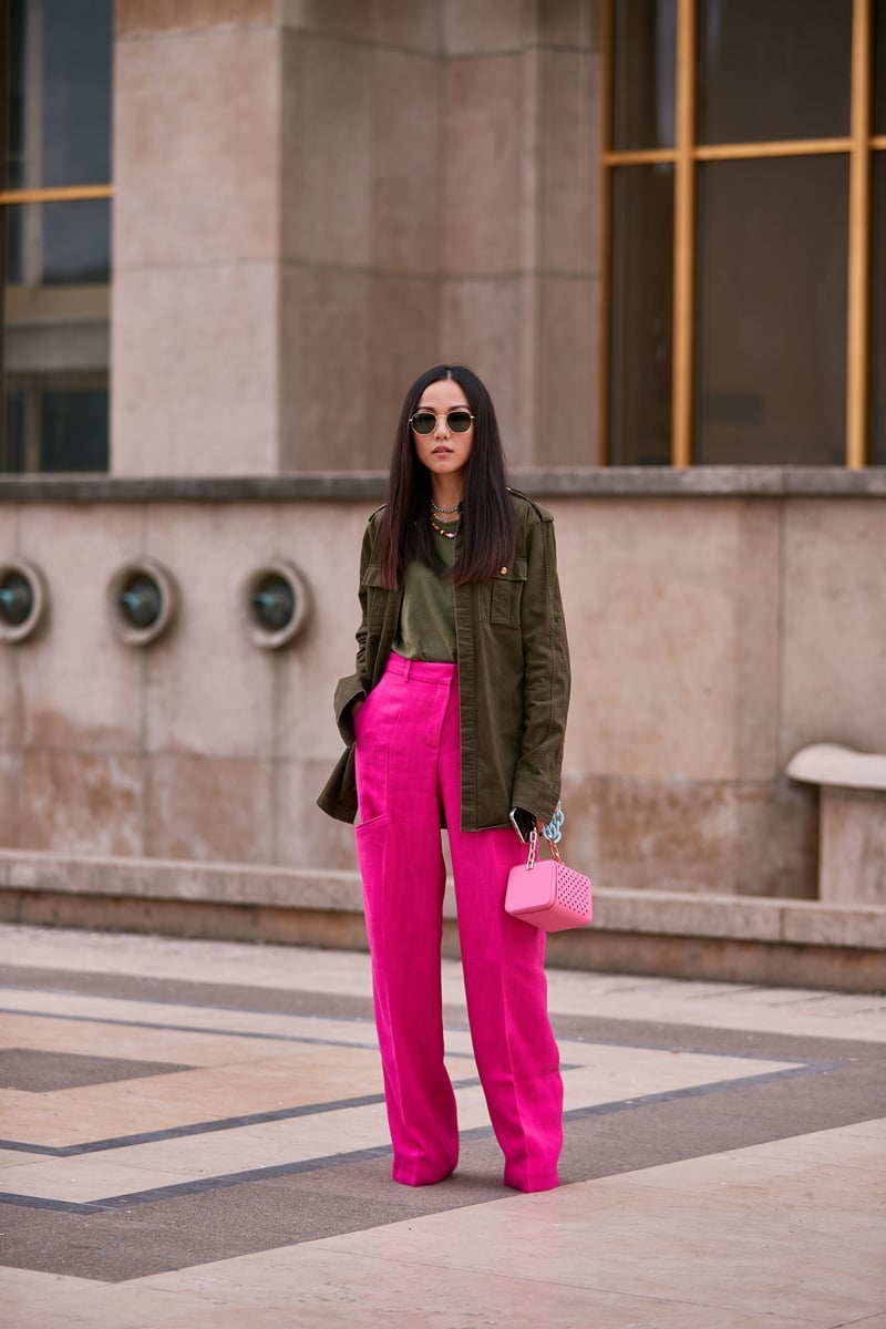 Hot pink wide-leg trousers with olive green utility jacket Hot pink wide-leg trousers with olive green utility jacket — Pink Outfits