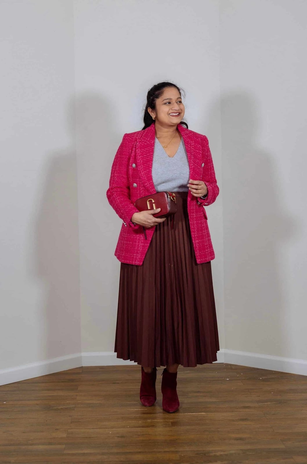 Pink textured tweed blazer with gray top, Office-Safe Version Pink textured tweed blazer with gray top, Office-Safe Version — Pink Outfits