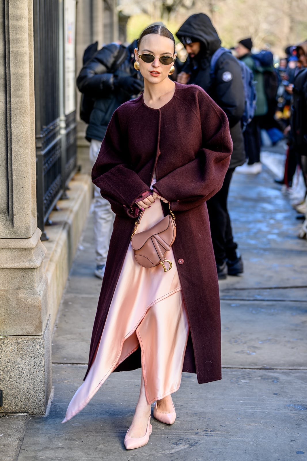 Burgundy coat over a pale pink satin slip dress Burgundy coat over a pale pink satin slip dress — Pink Outfits