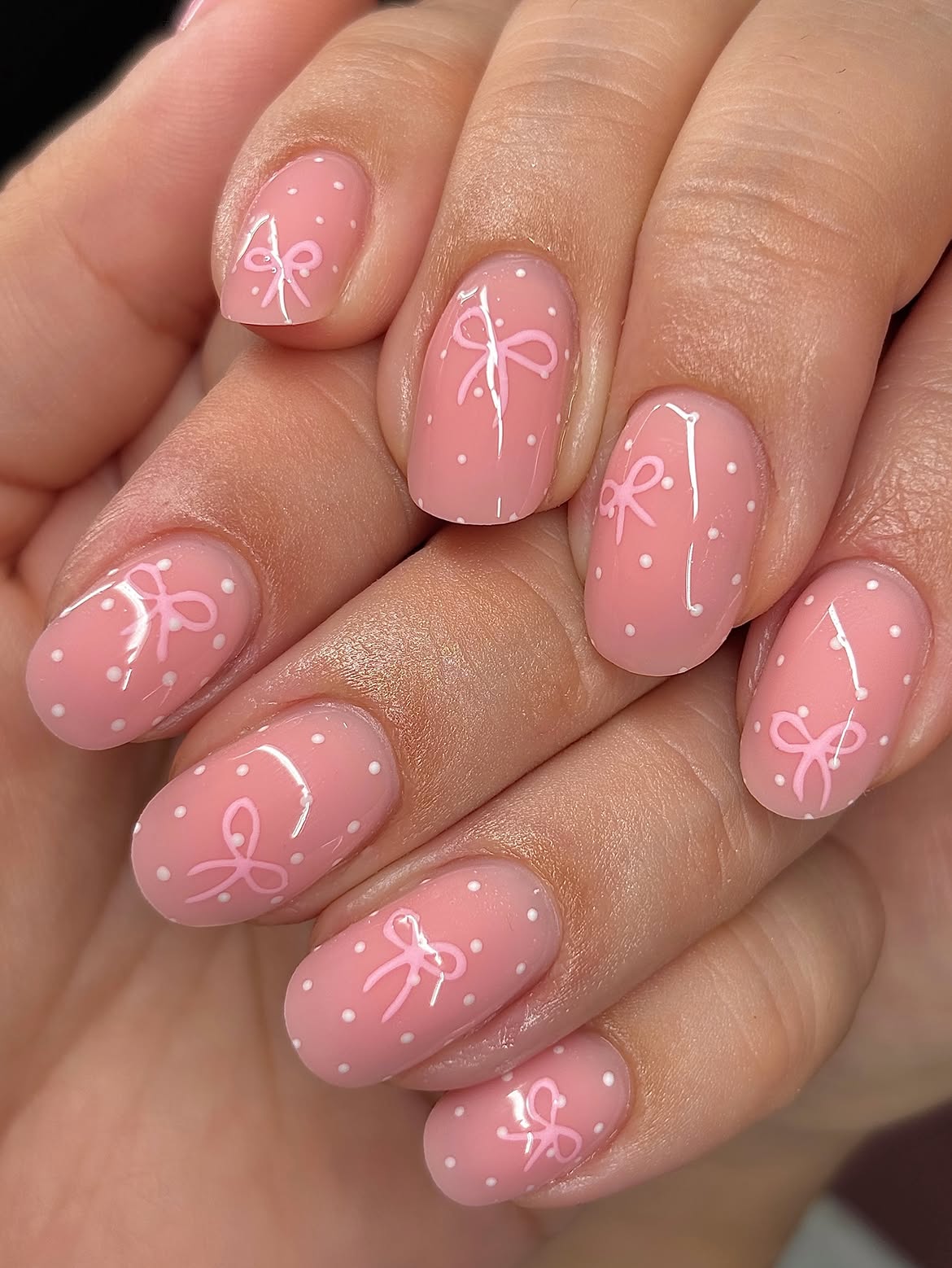 Pink Polka Dot Bow Oval Nails