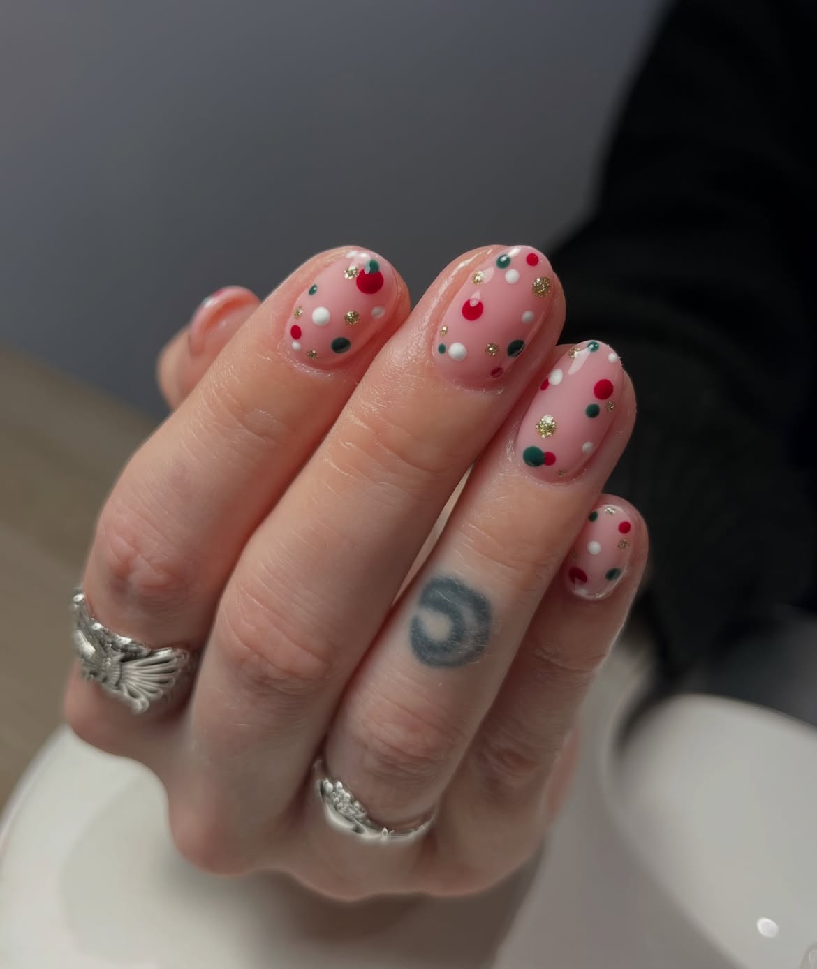 Pink Polka Dot Christmas Nails with Gold Glitter