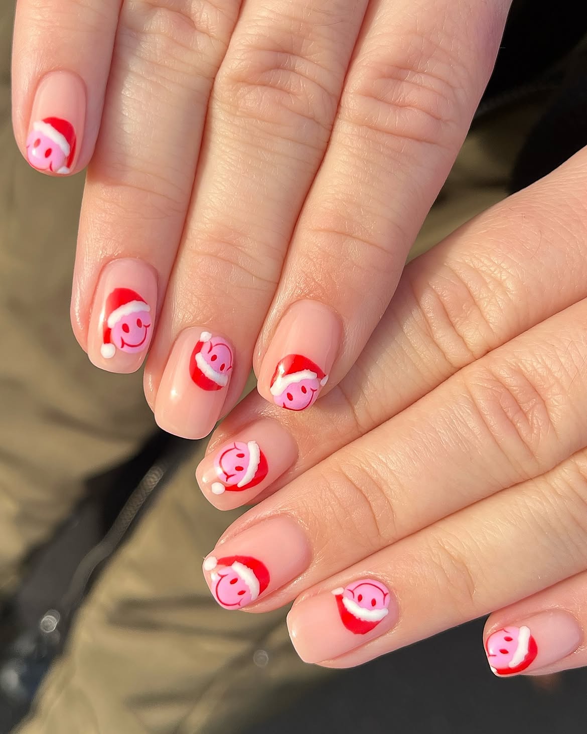 Pink Santa Smiley Face Christmas Nails