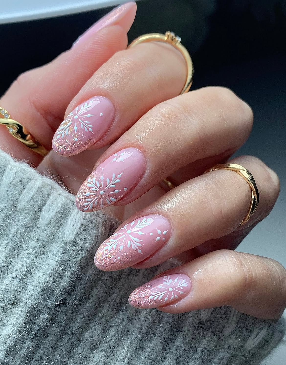 Pink Snowflake Almond Glitter French Nails