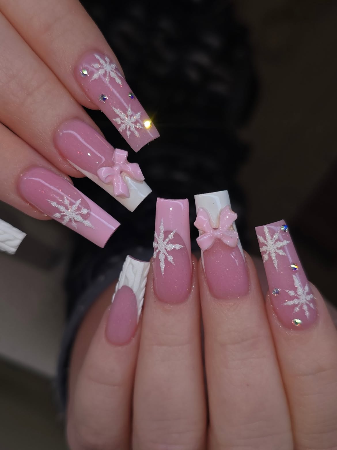 Pink Snowflake Coffin French Tip Nails