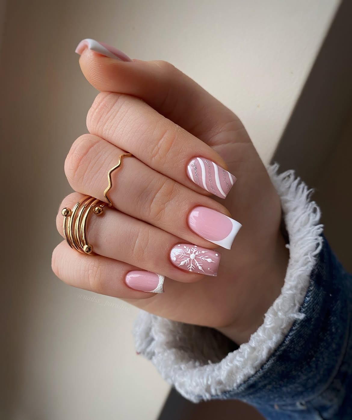 Pink Snowflake French Tip Christmas Nails