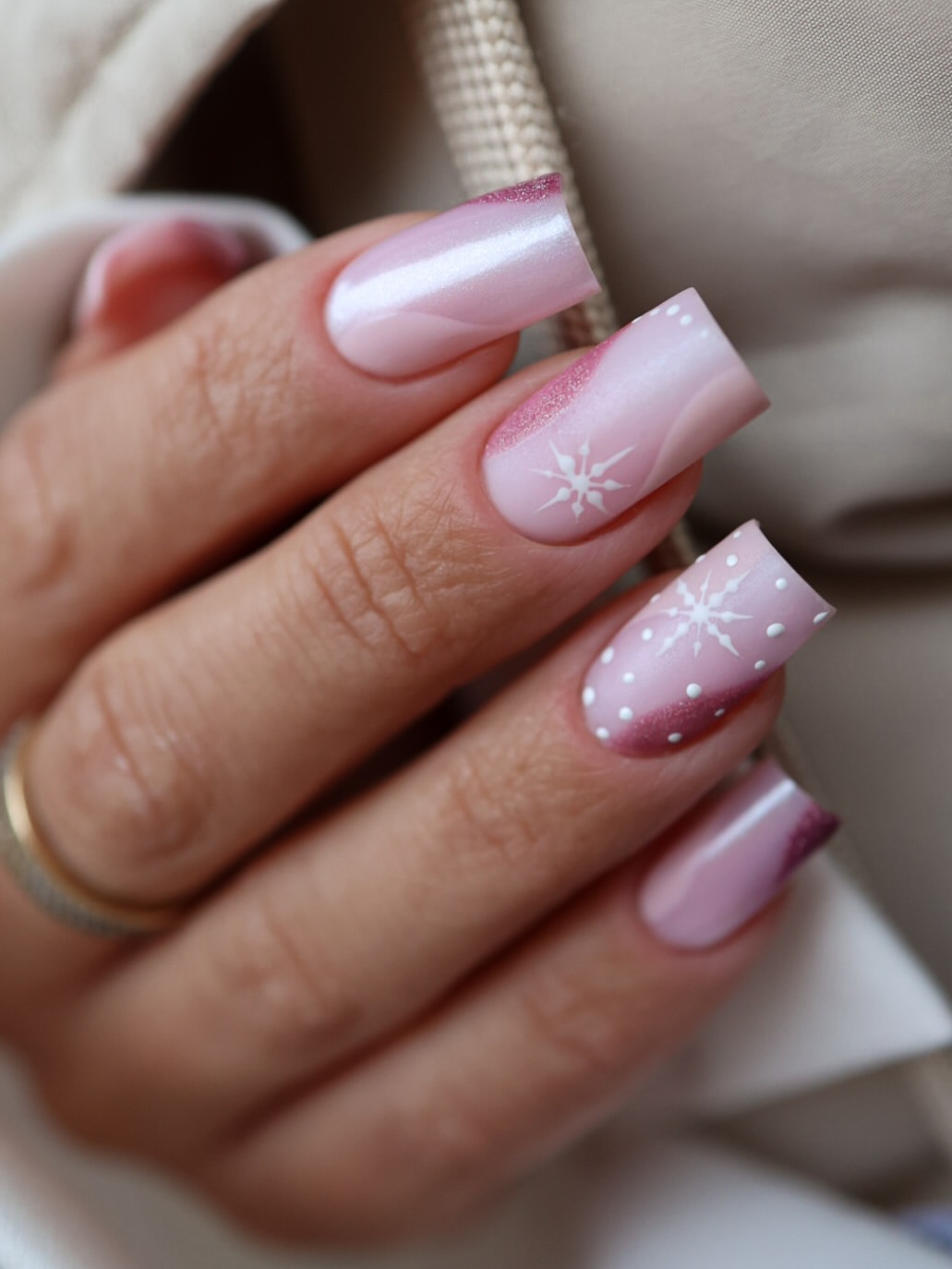 Pink Snowflake French Tip Nail Art