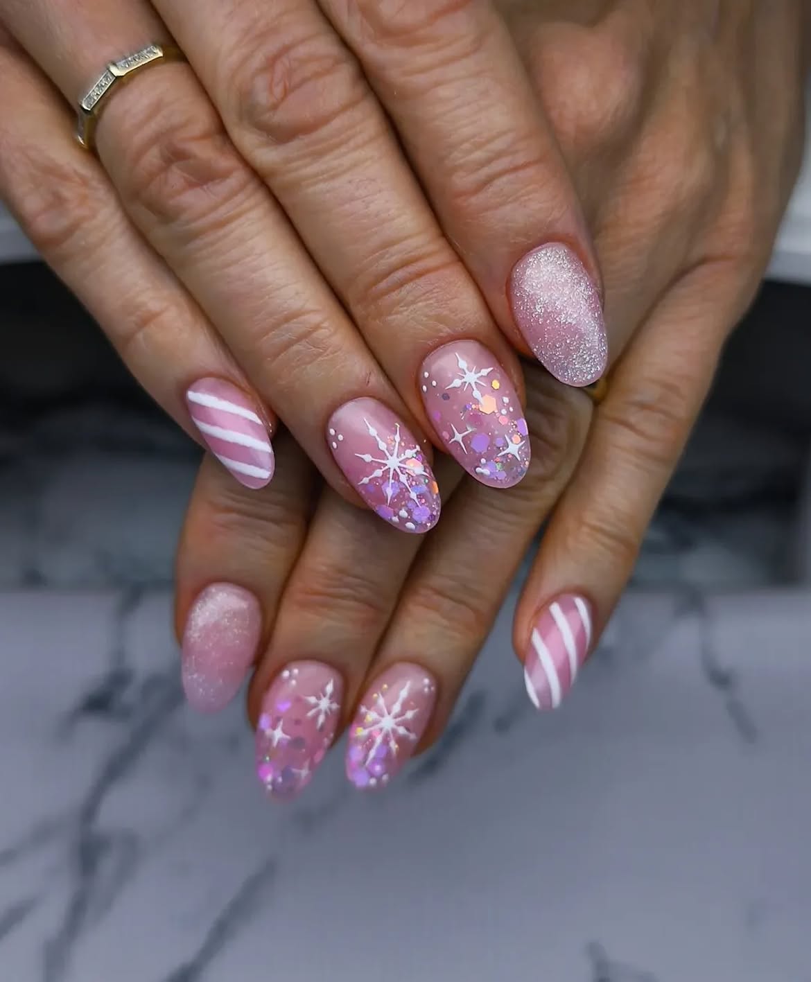 Pink Snowflake Glitter Almond Nails