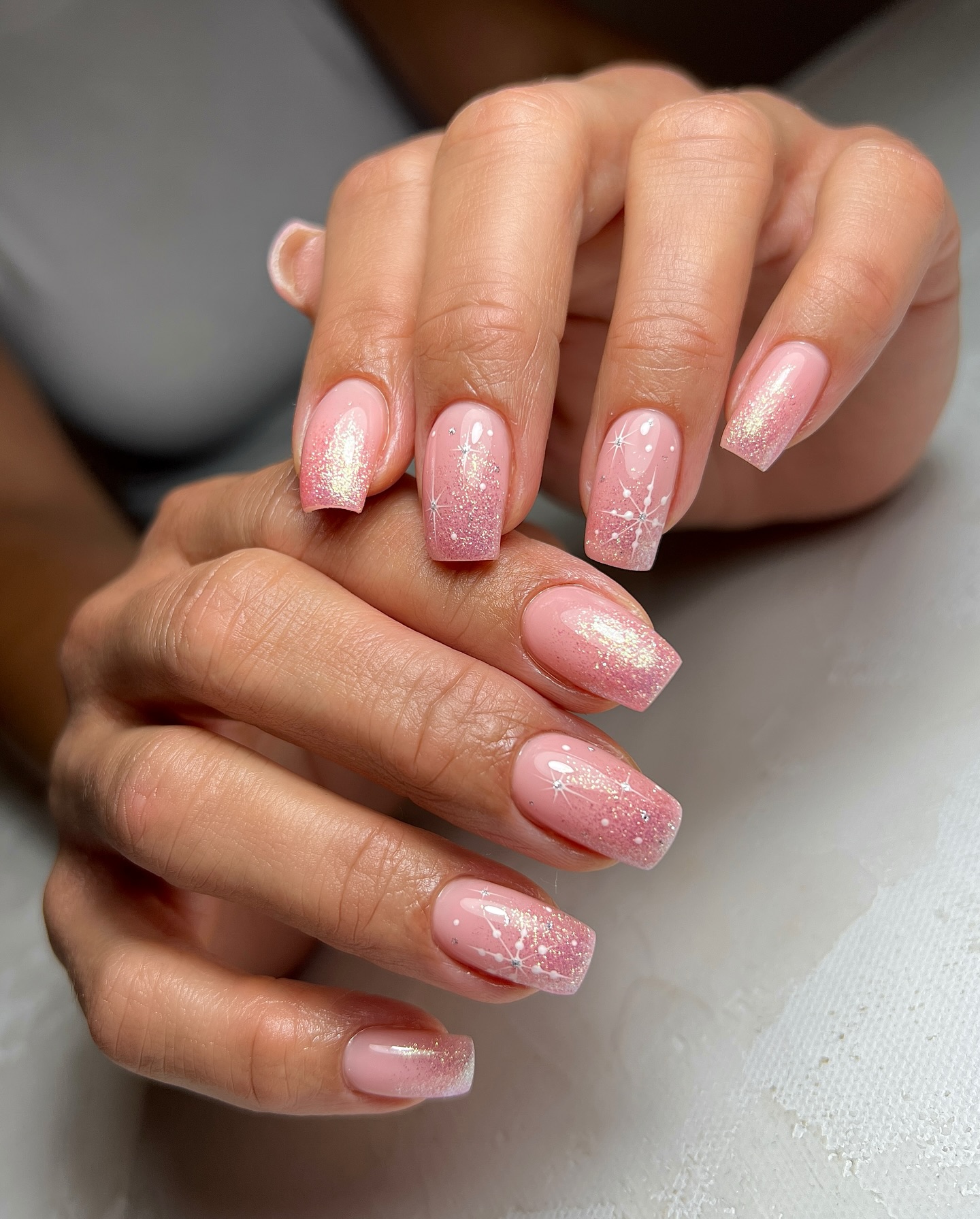 Pink Snowflake Glitter Ombre Square Nails