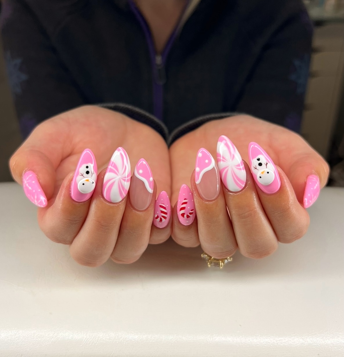 Pink Snowman Candy Cane French Tip Almond Nails