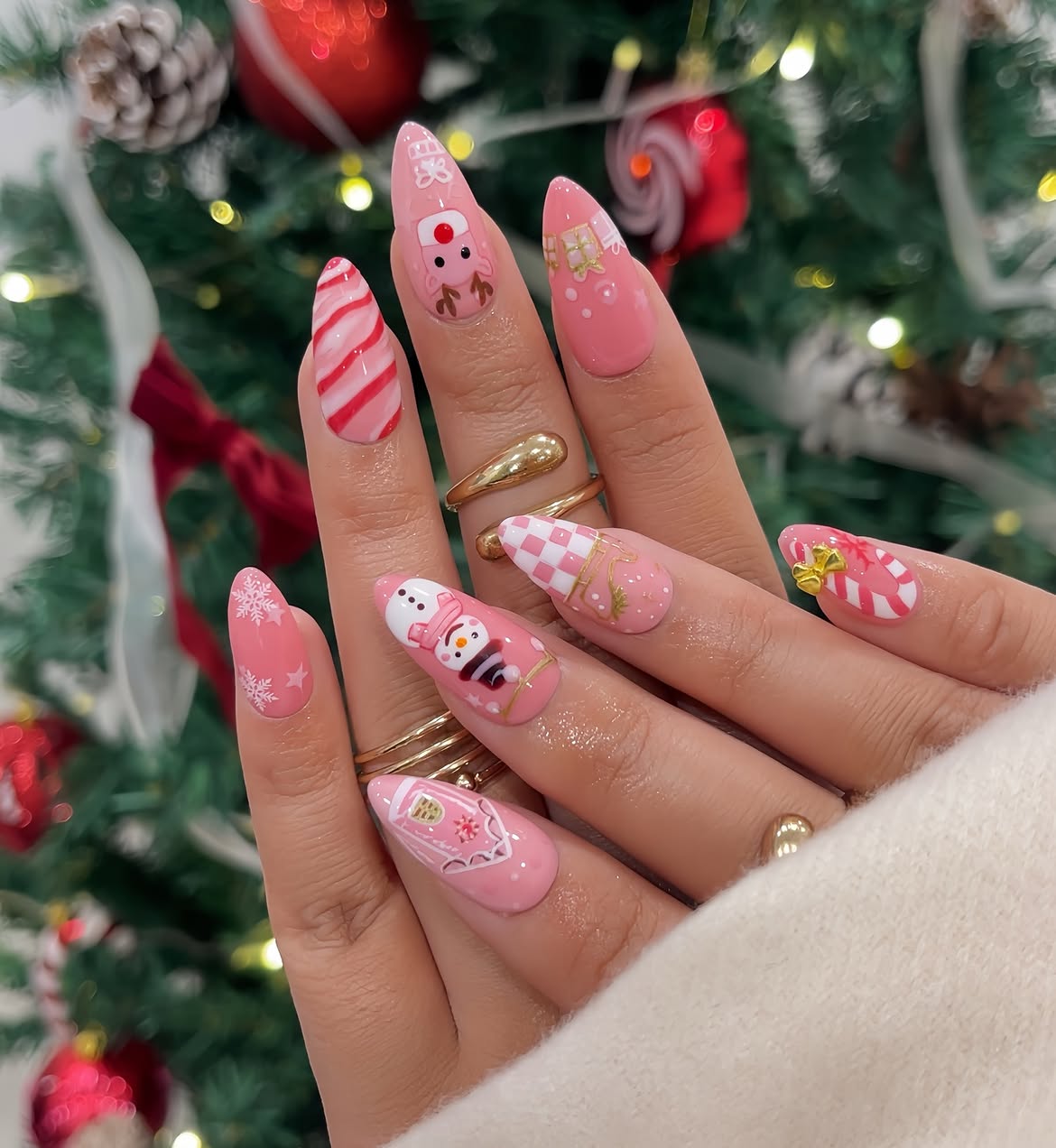 Pink Snowman & Candy Cane Winter Wonderland Nails