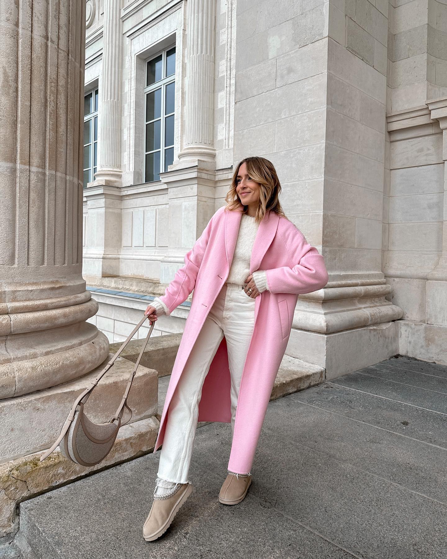 Pink Wool Coat Over Cream Knit And White Jeans