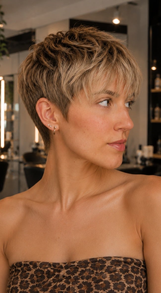 Blonde Pixie With Textured Layered Fringe Blonde Pixie With Textured Layered Fringe — Pixie Cut