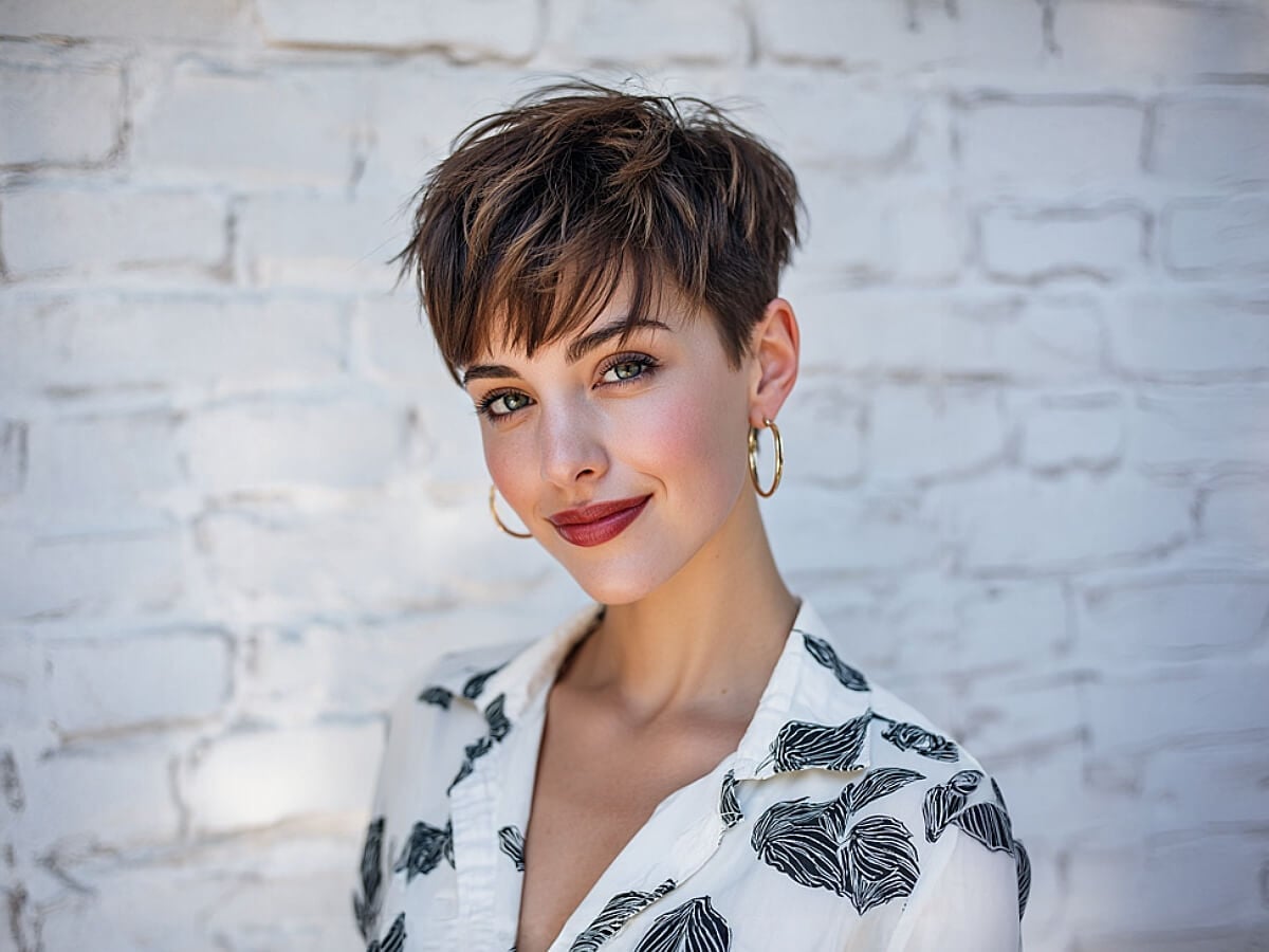Brown Pixie With Choppy Side Bangs, Ear Brown Pixie With Choppy Side Bangs, Ear — Pixie Cut