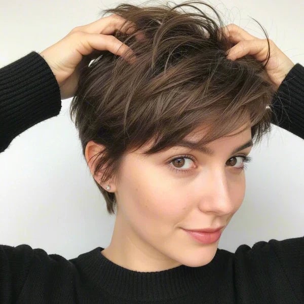 Wavy Dark Brown Pixie With Tousled Styling Wavy Dark Brown Pixie With Tousled Styling — Pixie Cut