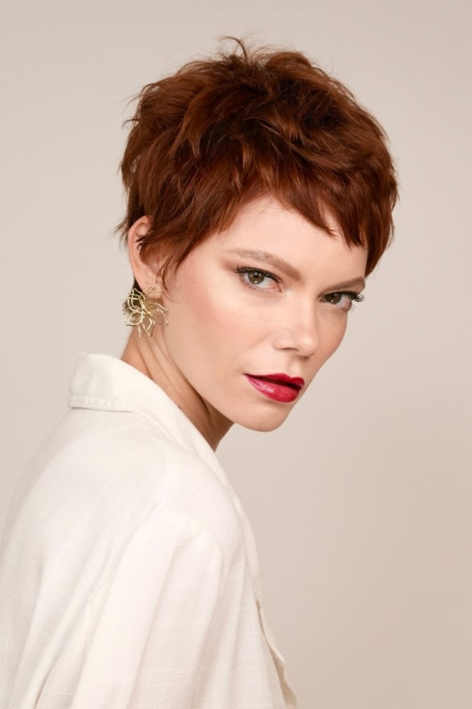 Vibrant Auburn Pixie With Textured Layers Vibrant Auburn Pixie With Textured Layers — Pixie Cut