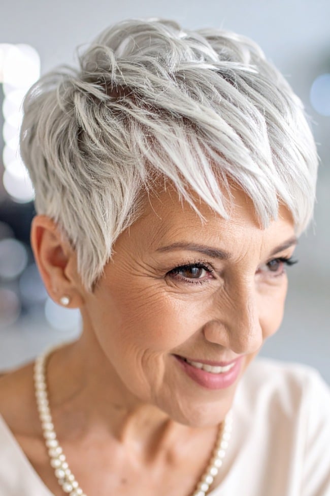 Silver Gray Pixie With Wispy Side Fringe Silver Gray Pixie With Wispy Side Fringe — Pixie Cut