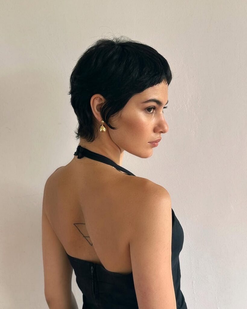 Textured Black Pixie With Side Fringe, Ear Textured Black Pixie With Side Fringe, Ear — Pixie Hair