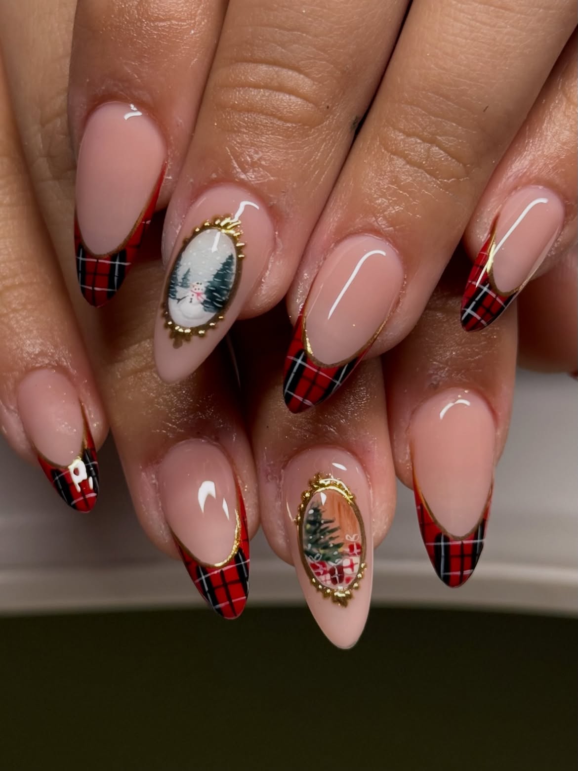 Plaid French Tip Christmas Oval Nails