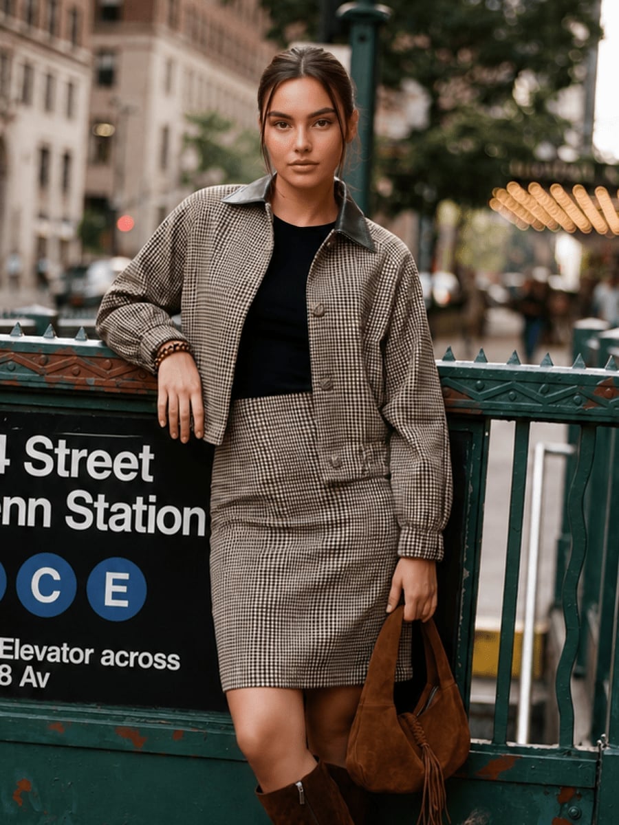 Beige and brown plaid mini skirt with matching jacket Beige and brown plaid mini skirt with matching jacket — Plaid Skirt Outfit