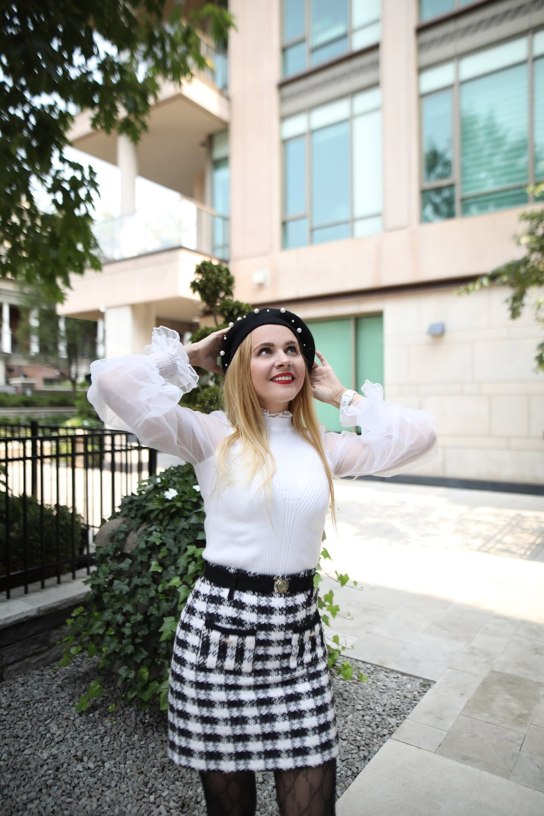 Black and white plaid mini skirt with sheer sleeves Black and white plaid mini skirt with sheer sleeves — Plaid Skirt Outfit