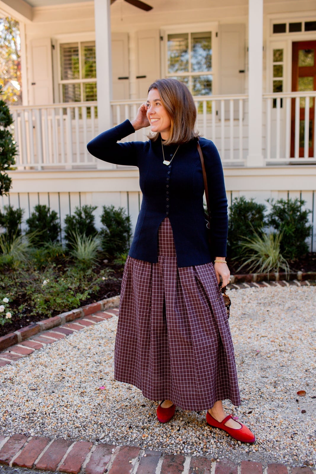 Long burgundy plaid skirt with navy cardigan Long burgundy plaid skirt with navy cardigan — Plaid Skirt Outfit