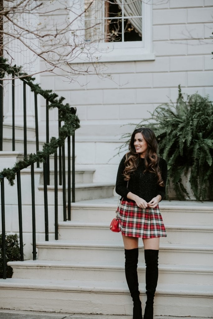 Red plaid mini skirt with knit sweater and over-the-knee boots Red plaid mini skirt with knit sweater and over-the-knee boots — Plaid Skirt Outfit