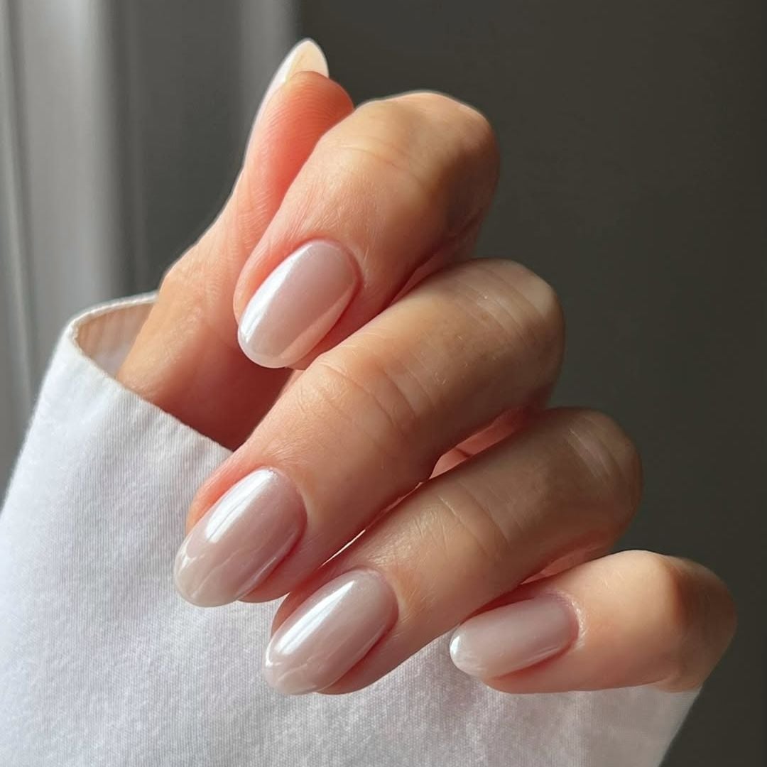 Sheer Nude Pearlescent Medium Almond Nails Sheer Nude Pearlescent Medium Almond Nails — Plain Nails