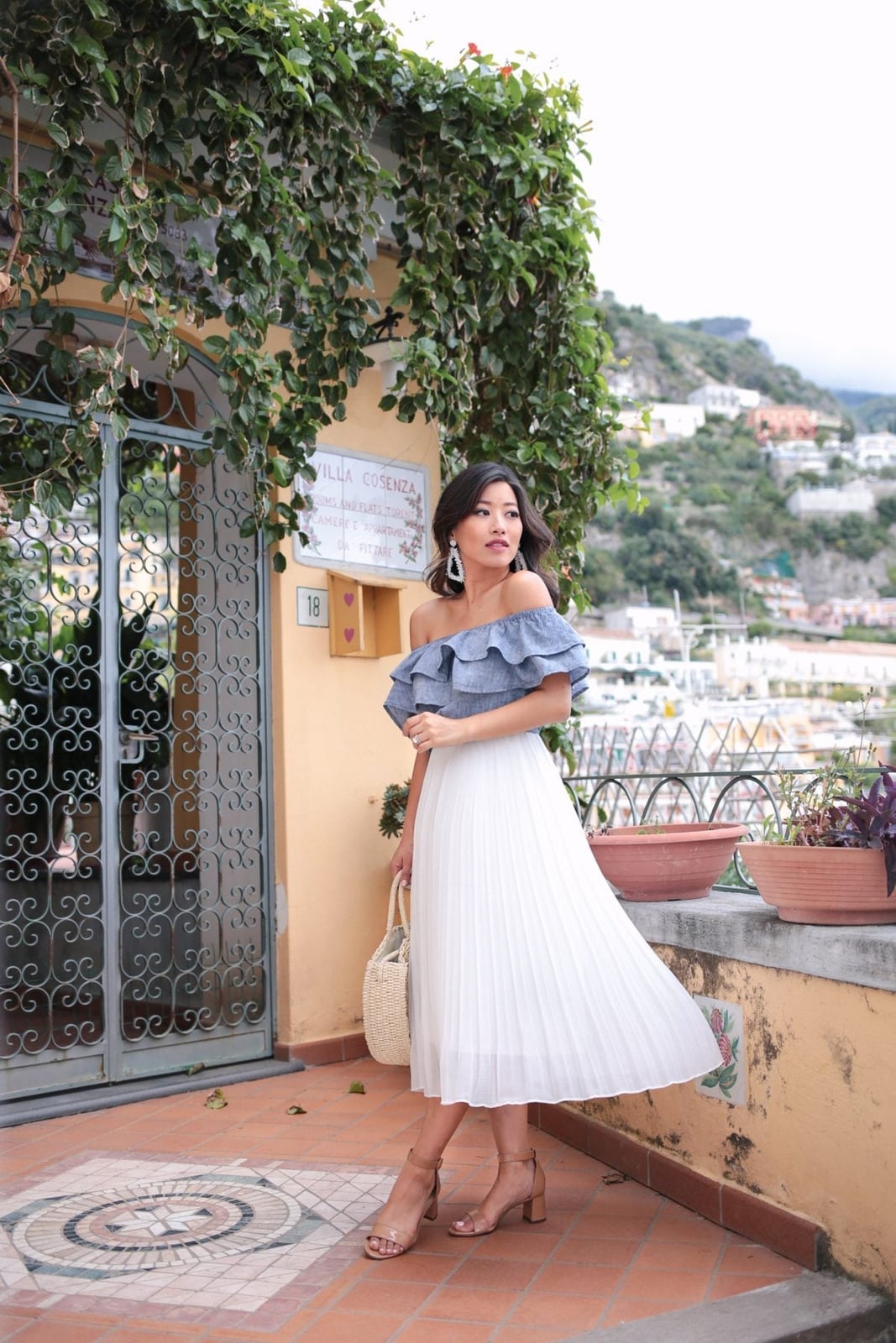 White pleated midi skirt with blue ruffled off-the-shoulder top White pleated midi skirt with blue ruffled off-the-shoulder top — Pleated Skirt Outfits