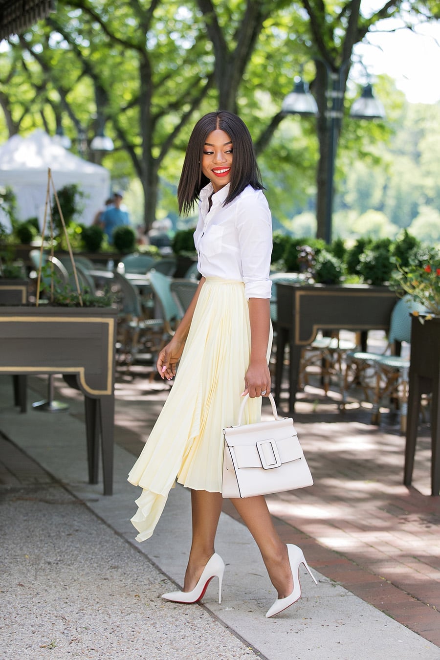 Pale yellow asymmetric pleated midi skirt with white button-down shirt Pale yellow asymmetric pleated midi skirt with white button-down shirt — Pleated Skirt Outfits