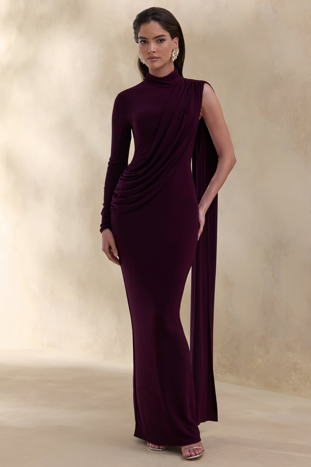 Dark plum jersey maxi dress with draped sash Dark plum jersey maxi dress with draped sash — Plum Dress