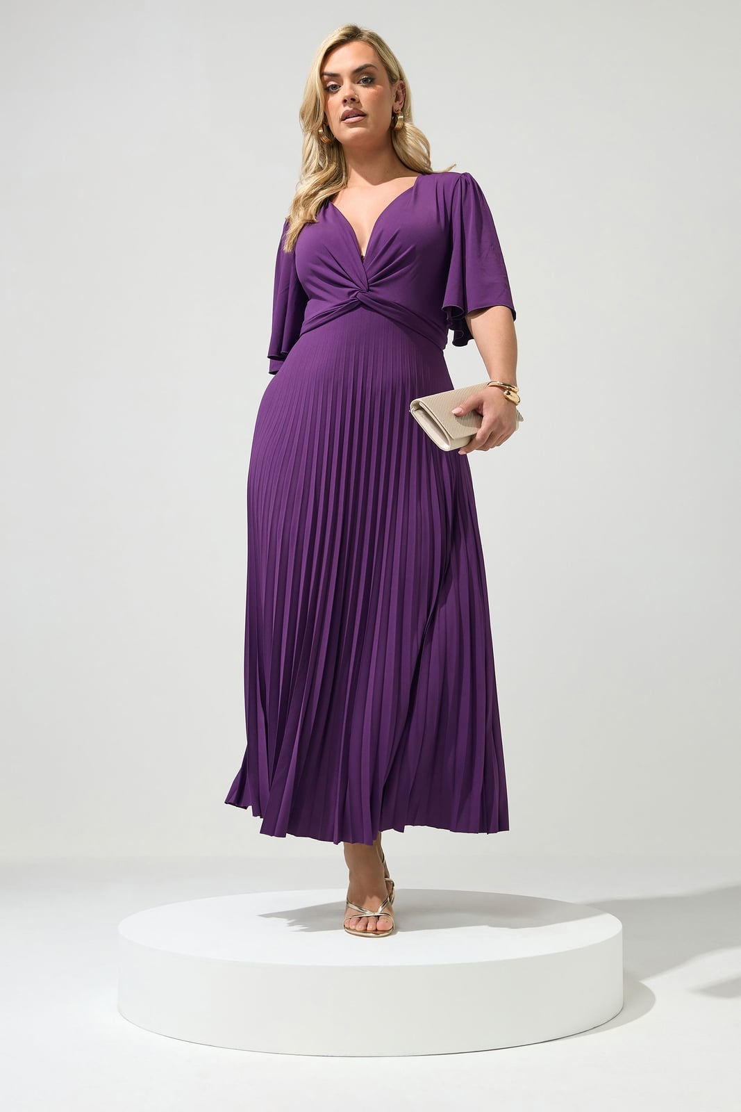 Vibrant plum pleated knot detail maxi dress, Gold Strappy Sandals Vibrant plum pleated knot detail maxi dress, Gold Strappy Sandals — Plum Dress