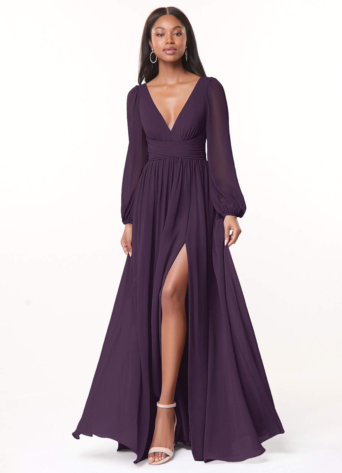 Plum chiffon long sleeve maxi dress with high slit, A Deep V-Neck Plum chiffon long sleeve maxi dress with high slit, A Deep V-Neck — Plum Dress