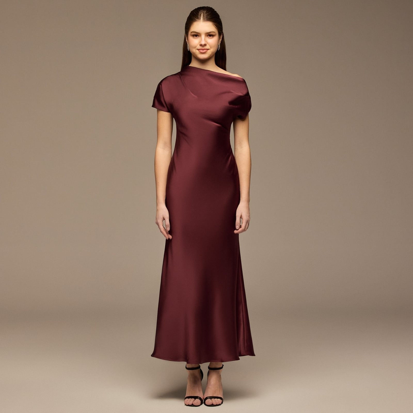 Dark plum satin short sleeve maxi dress, Black Strappy Heeled Sandals Dark plum satin short sleeve maxi dress, Black Strappy Heeled Sandals — Plum Dress
