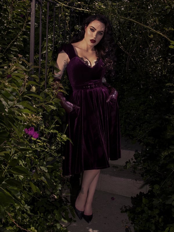 Deep plum velvet midi dress with lace trim Deep plum velvet midi dress with lace trim — Plum Dress