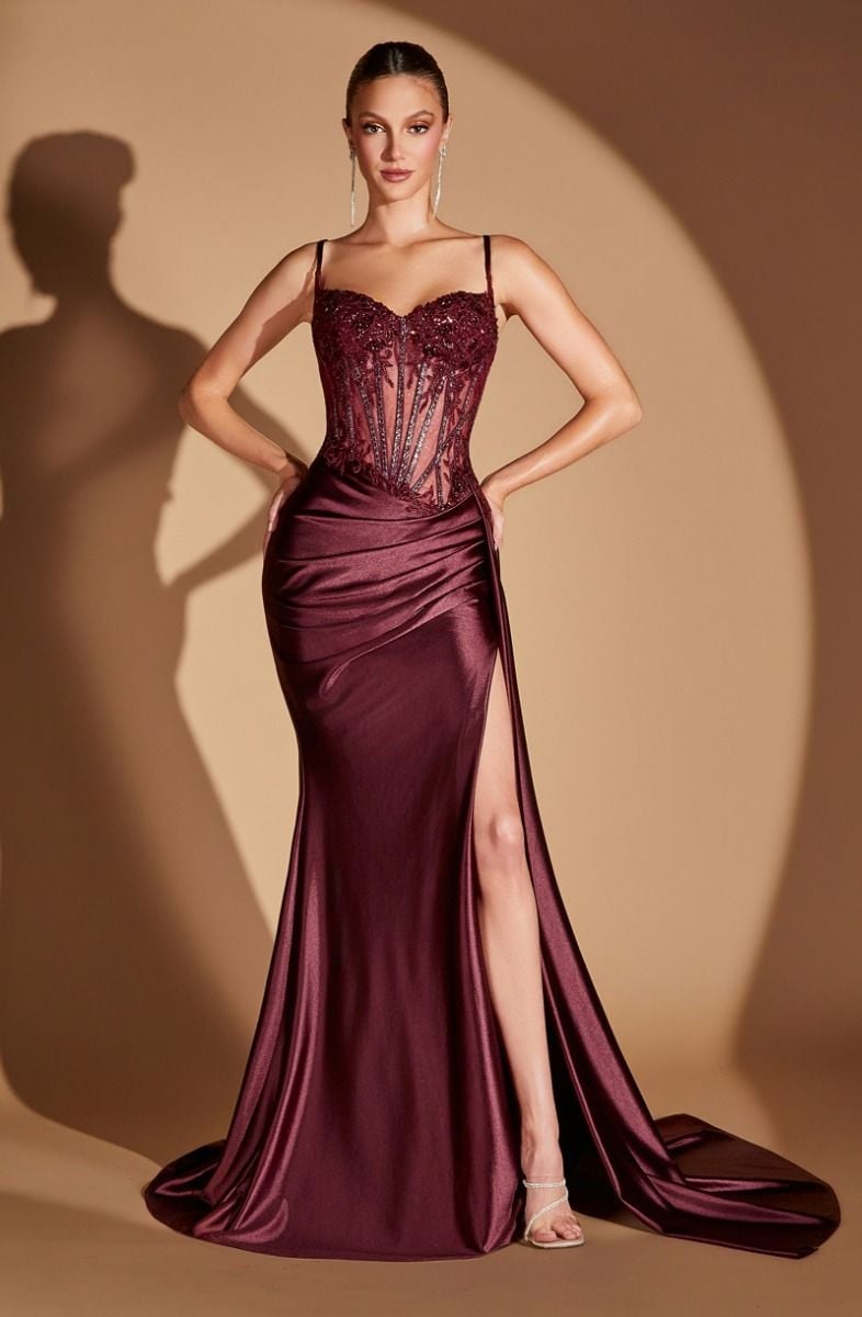 Burgundy satin and lace fitted evening gown Burgundy satin and lace fitted evening gown — Plum Dress