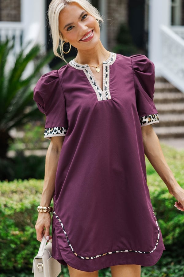 Plum purple short sleeve dress with leopard trim Plum purple short sleeve dress with leopard trim — Plum Dress