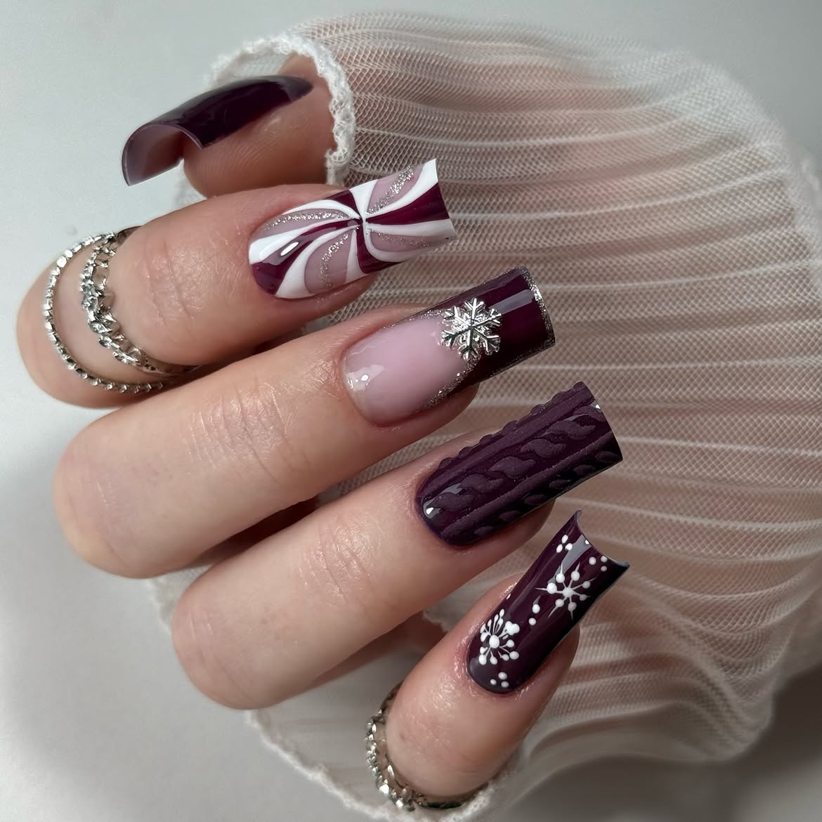 Plum Winter Snowflake And Knit Long Coffin Nails