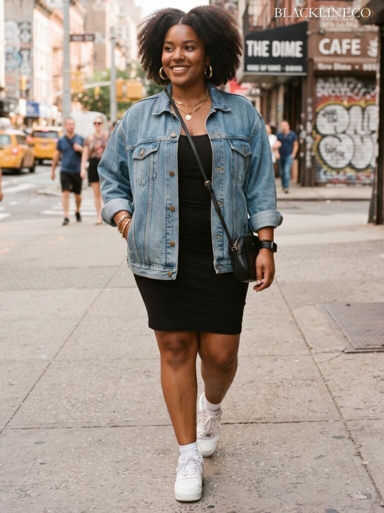 Ribbed black dress with oversized denim jacket Ribbed black dress with oversized denim jacket — Plus Size Outfits
