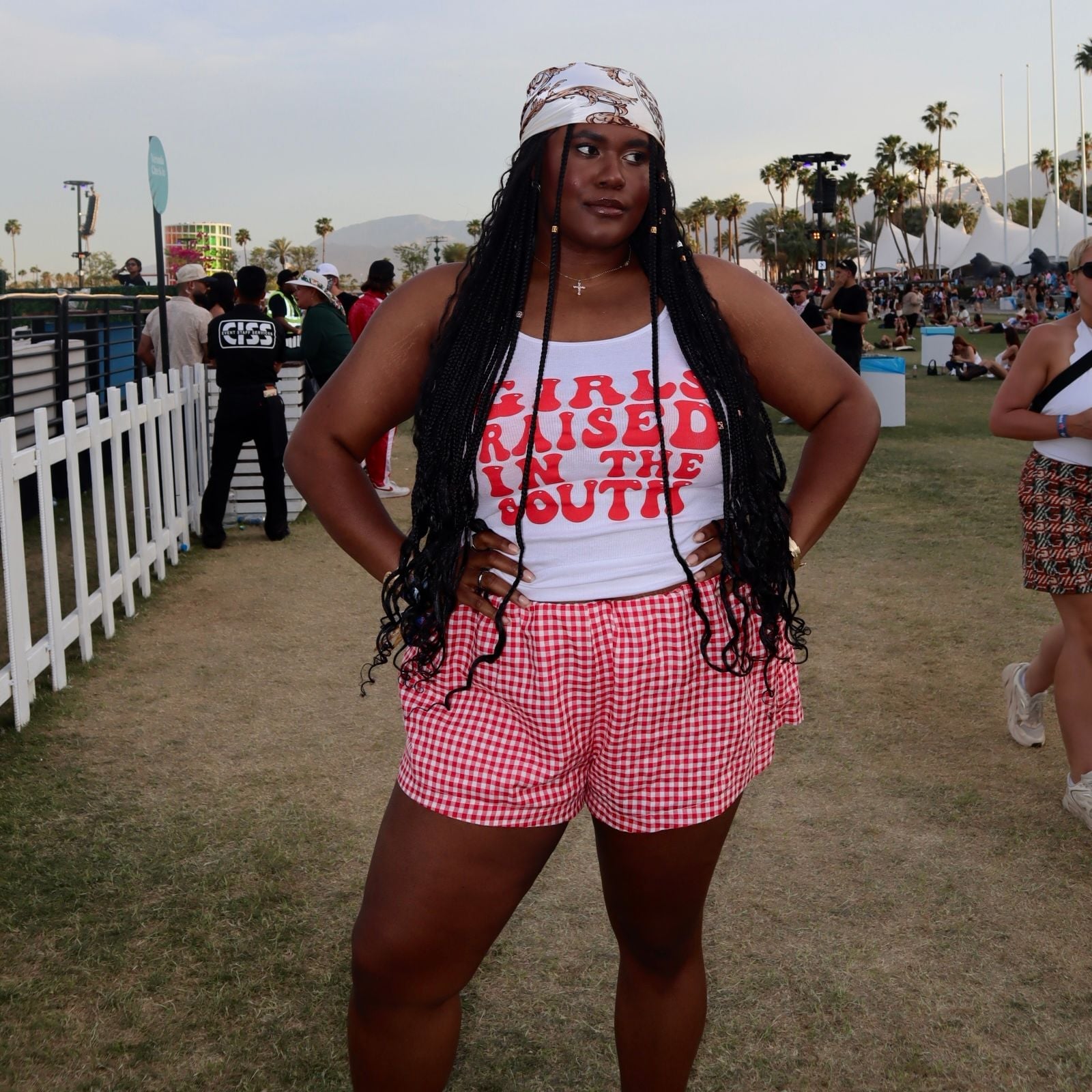 Graphic tank top with gingham shorts and bandana Graphic tank top with gingham shorts and bandana — Plus Size Outfits