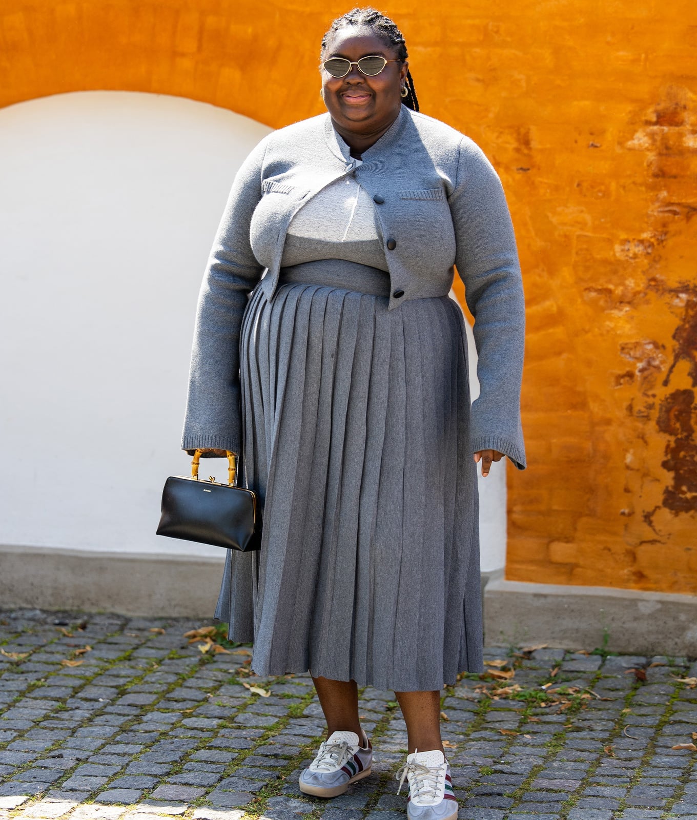 Gray knit cardigan with pleated midi skirt Gray knit cardigan with pleated midi skirt — Plus Size Outfits