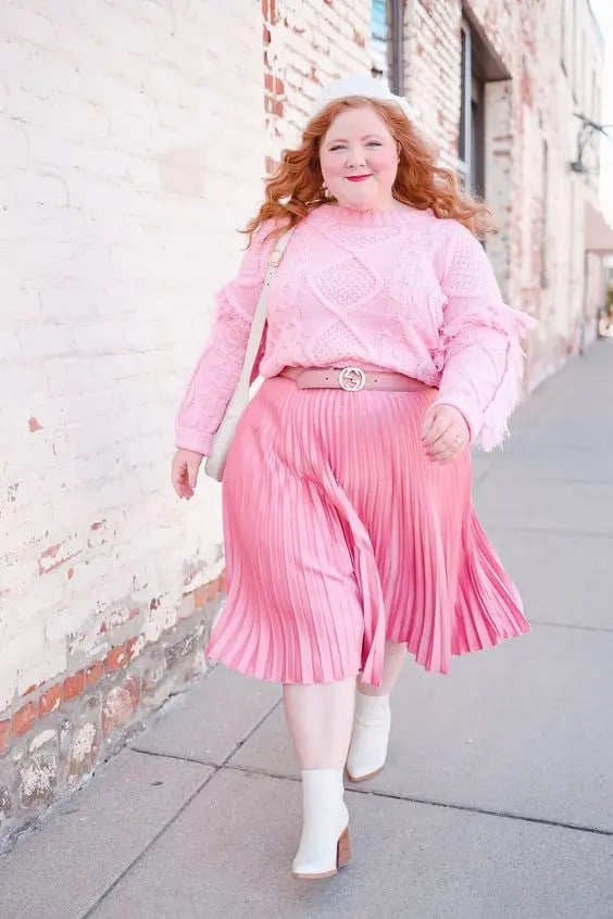 Pink cable knit sweater with fringed sleeves and satin skirt Pink cable knit sweater with fringed sleeves and satin skirt — Plus Size Outfits