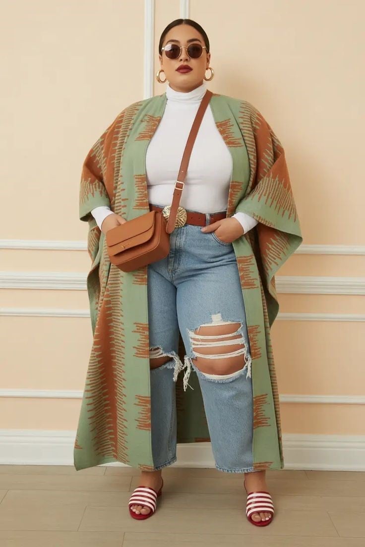 Patterned kimono over white turtleneck and ripped jeans Patterned kimono over white turtleneck and ripped jeans — Plus Size Outfits