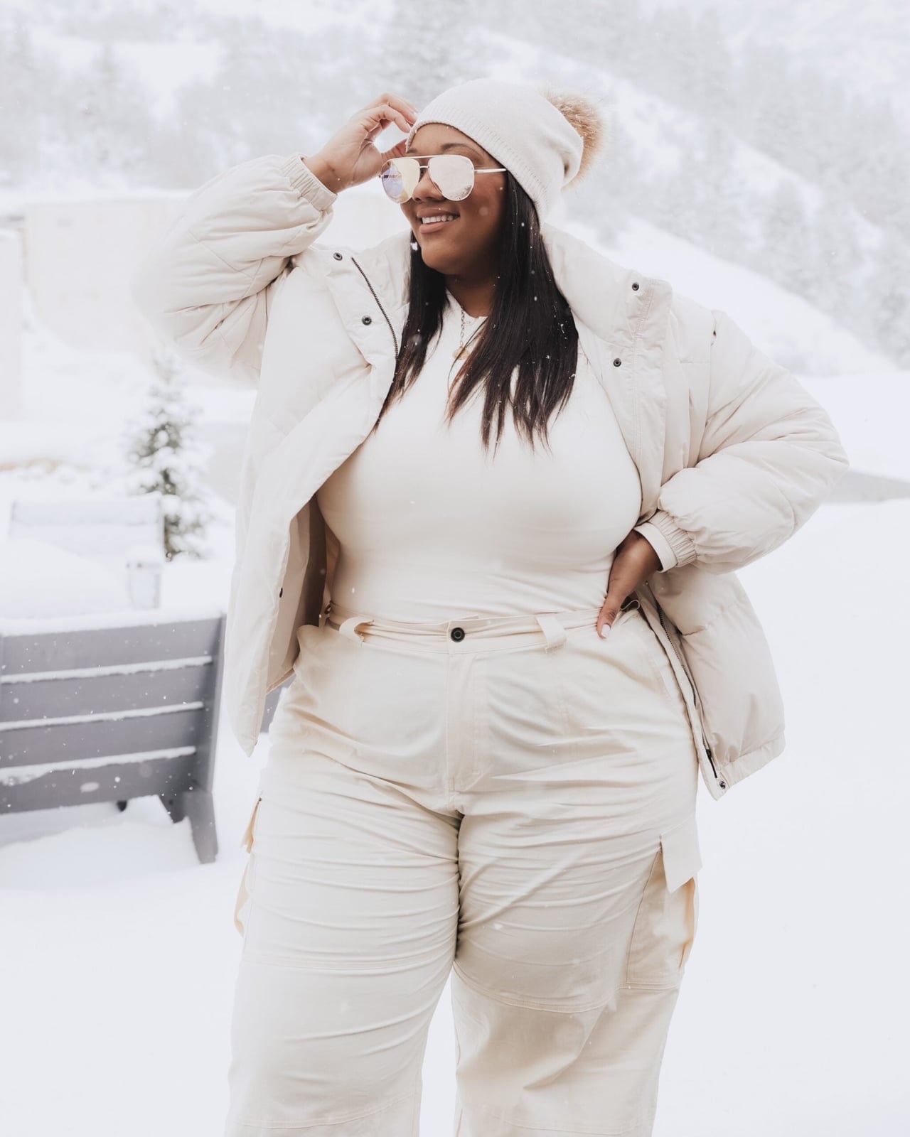 Monochromatic cream puffer jacket and cargo pants Monochromatic cream puffer jacket and cargo pants — Plus Size Outfits