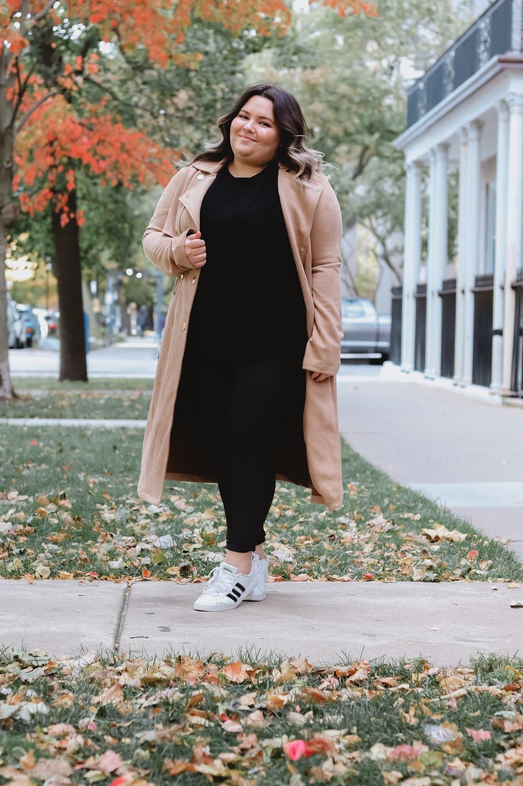 Camel trench coat over black basics for fall Camel trench coat over black basics for fall — Plus Size Outfits