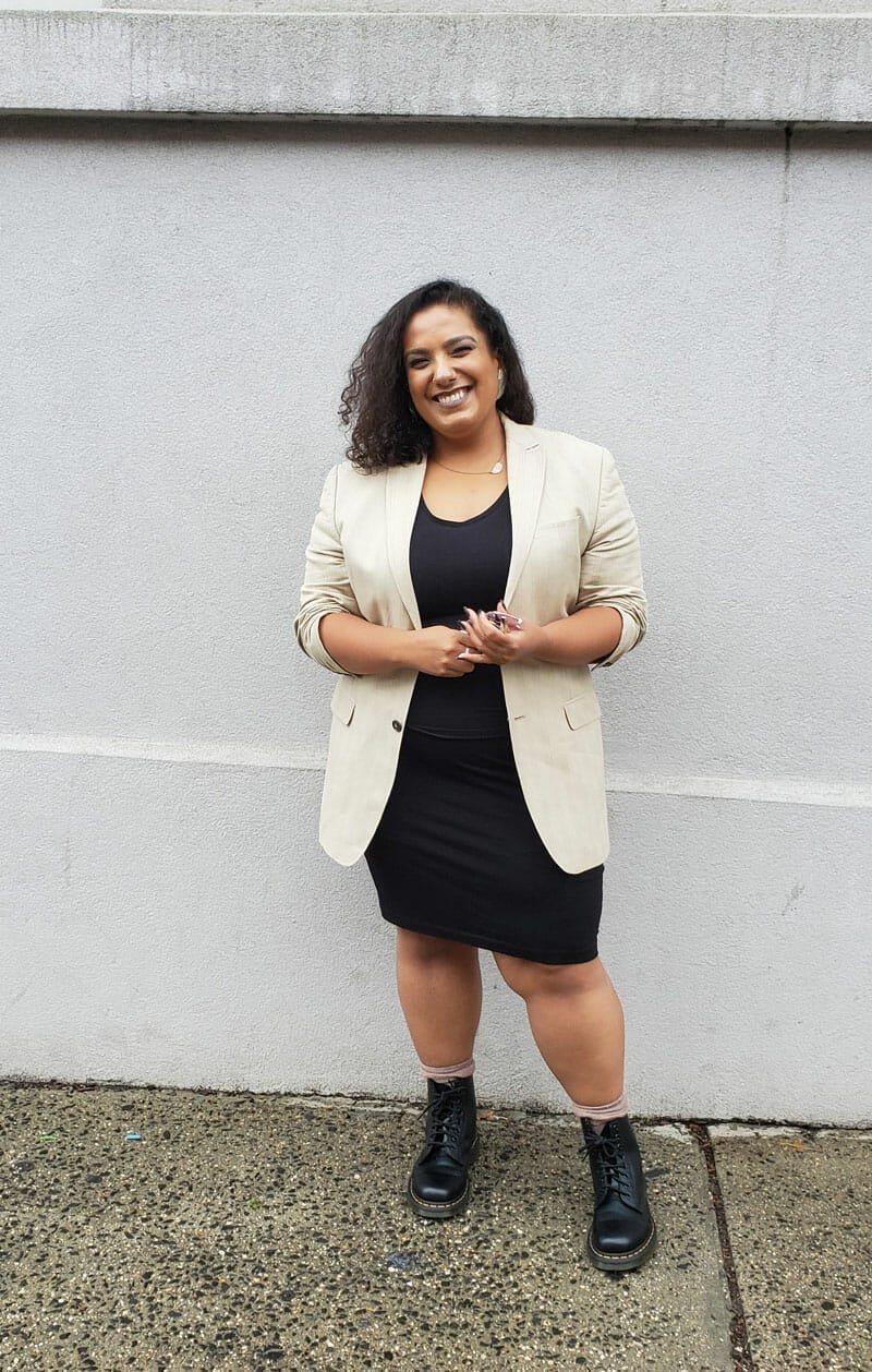 Beige blazer with black dress and combat boots Beige blazer with black dress and combat boots — Plus Size Outfits