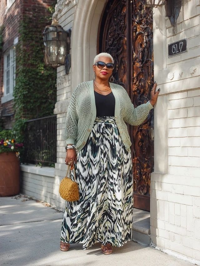 Open knit cardigan with patterned pants Open knit cardigan with patterned pants — Plus Size Outfits
