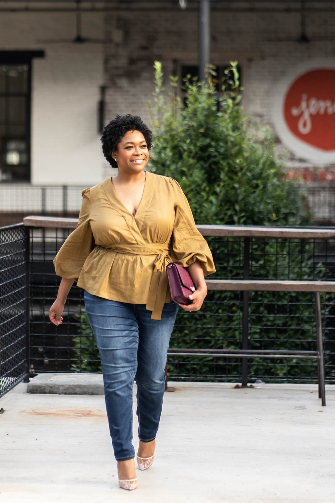 Mustard yellow wrap top with blue jeans for casual wear Plus Size Outfits