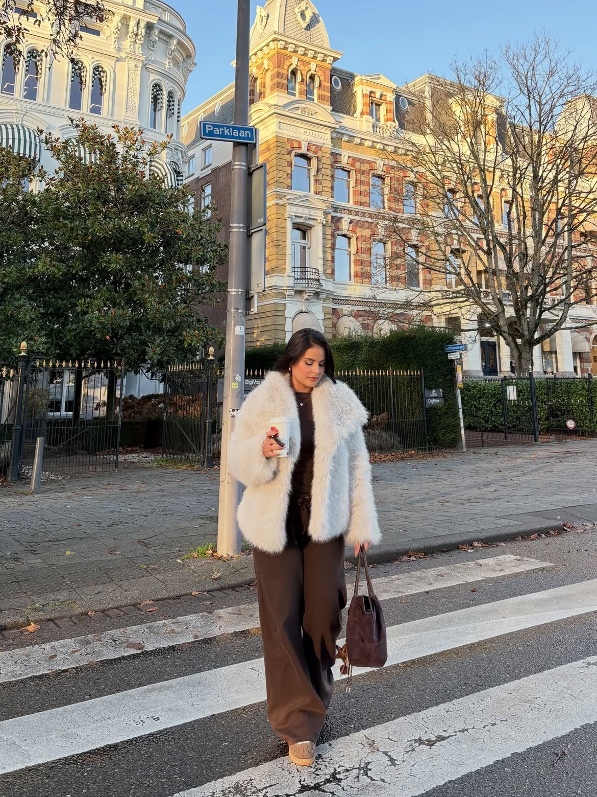 Plush White Faux Fur Jacket With Chocolate Trousers